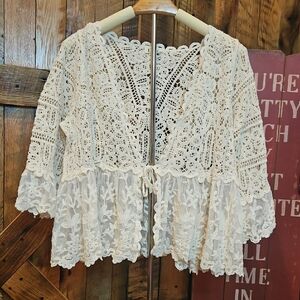 POL Ivory Lace Front Tie Blouse